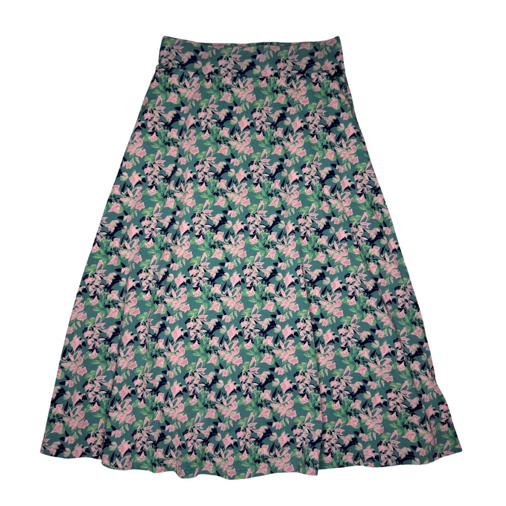 Pact Organic Cotton Stretch Fit & Flare Midi Skirt Pockets S Green Pink Floral